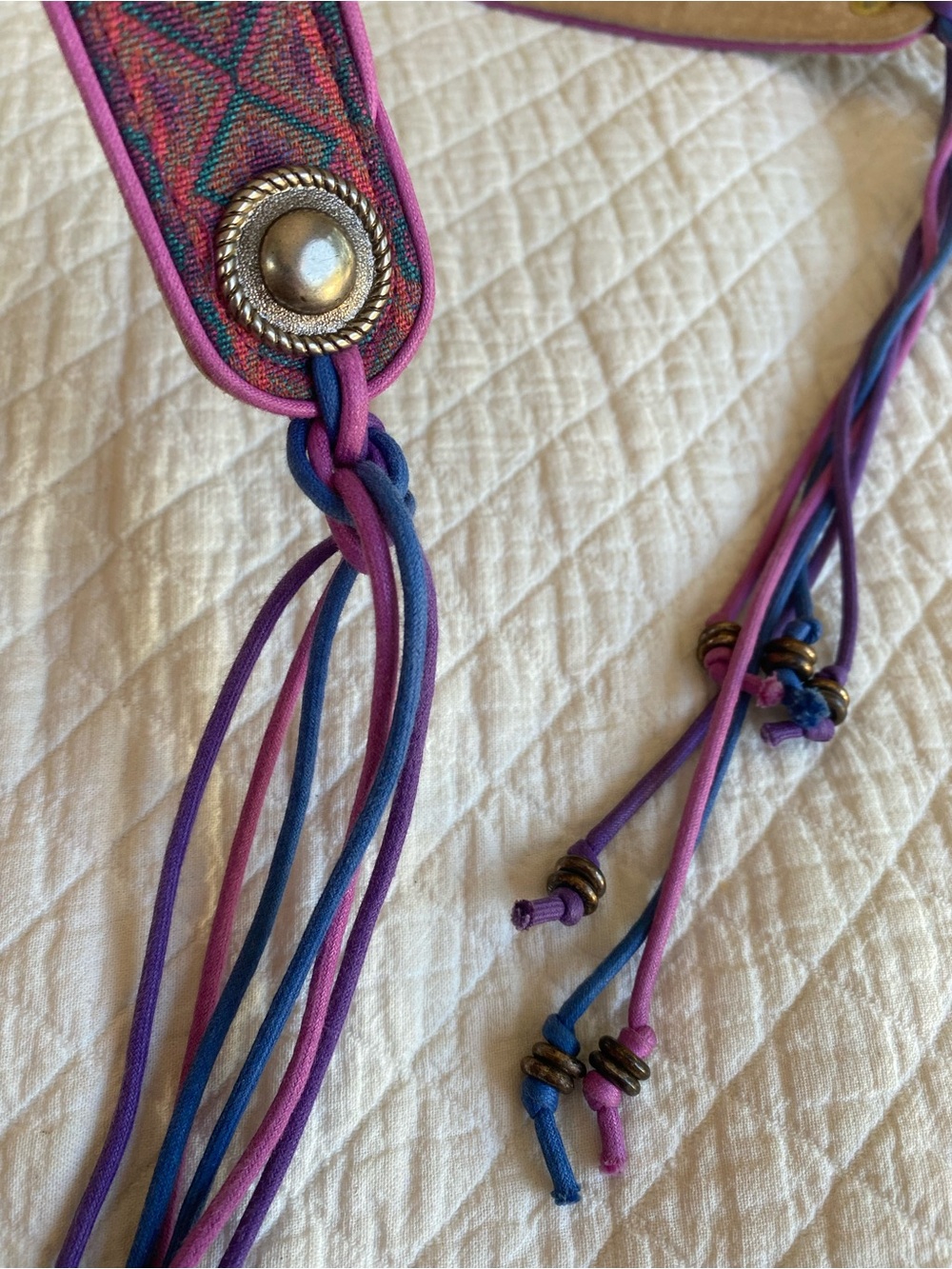 Boho Concho Purple Blue Woven Tapestry Belt Tassels Bead VTG Festival Western M - Picture 4 of 16